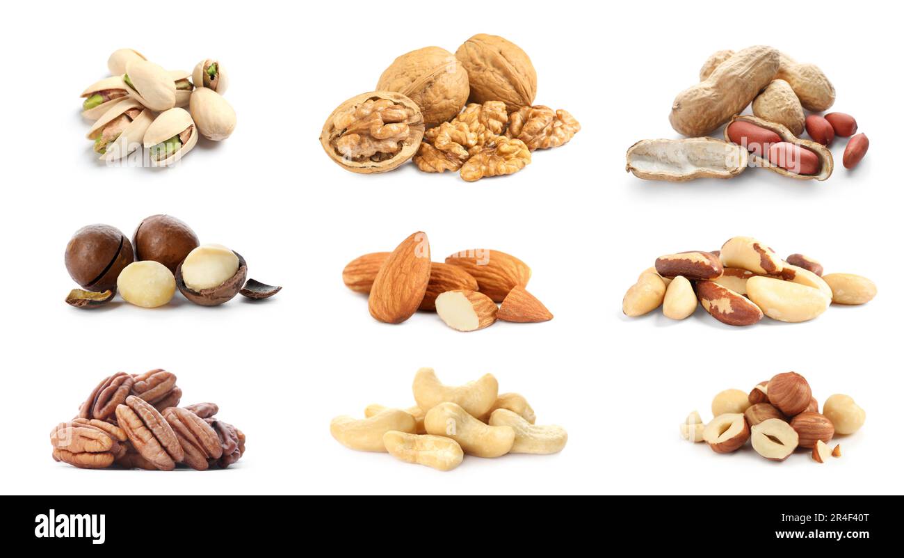 Collage with piles of different nuts on white background. Source of nutrients Stock Photo