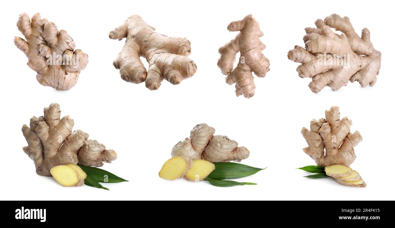 Collage with ripe ginger roots and leaves on white background Stock Photo