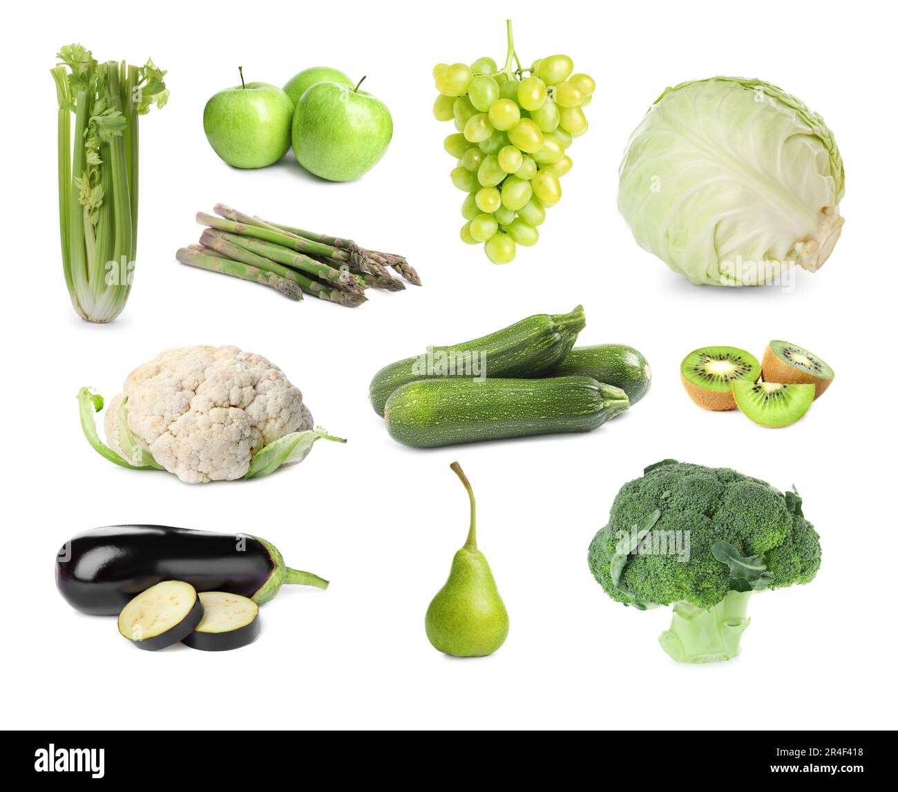 Set with many different fruits and vegetables on white background Stock Photo
