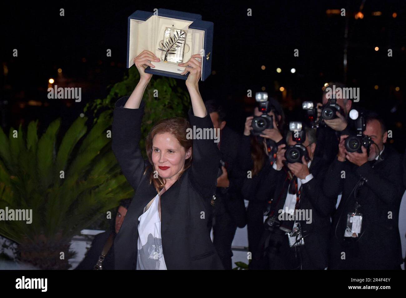 Cannes France 27th May 2023 Justine Triet Holds The Palme Dor