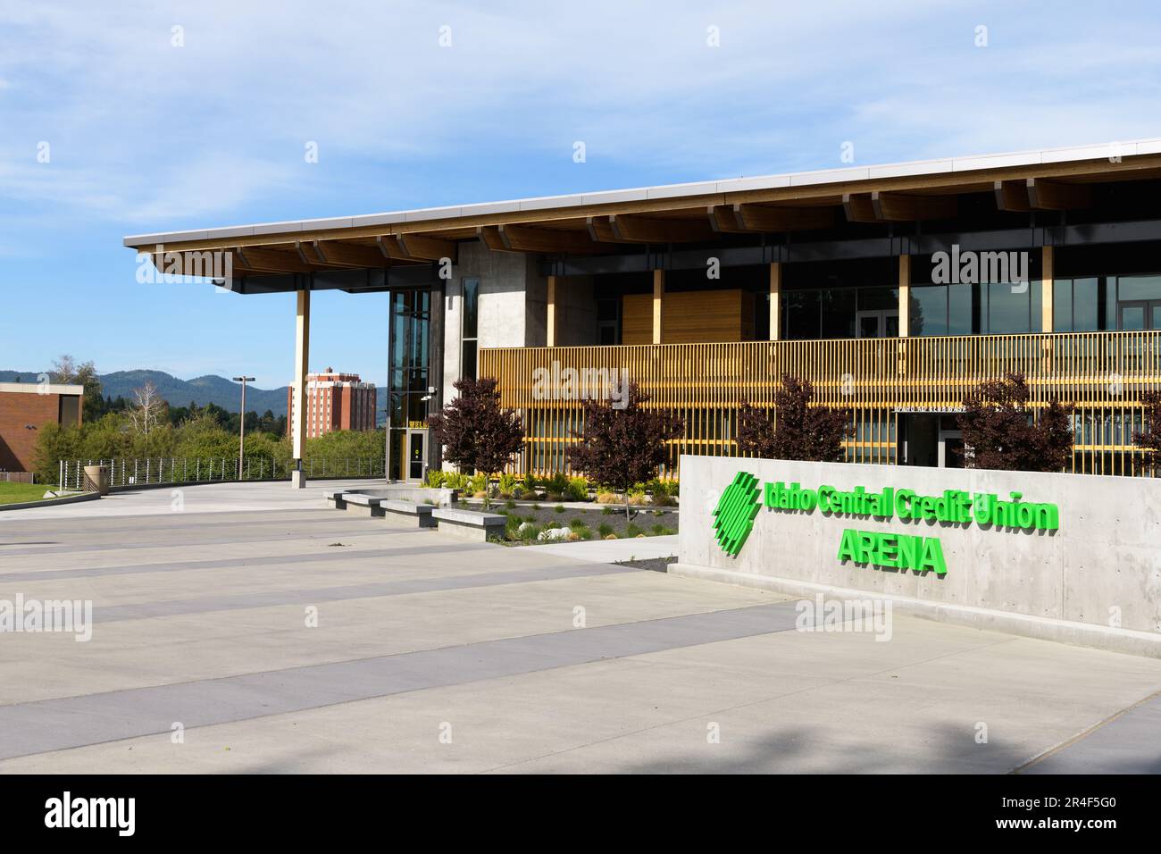 Moscow, ID, USA - May 23, 2023; Sign and facade of Idaho Central Credit Union Arena at University of Idaho in Moscow.  The ICCU Arena. Stock Photo