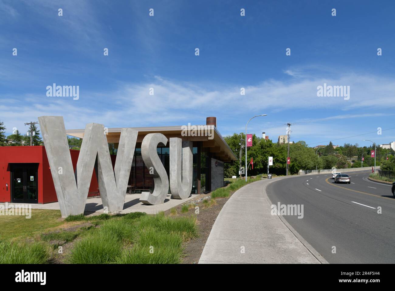 Pullman, WA, USA - May 23, 2023; WSU letters at Washington State University Brelsford Visitor Center Stock Photo
