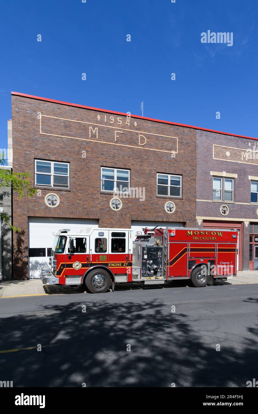 Moscow, ID, USA May 23, 2023; Moscow Idaho fire department pumper appliance at Main Street