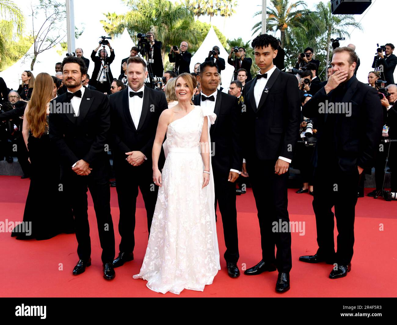 Cannes, France. 22nd May, 2023. 76th Cannes Film Festival 2023, evening 12 - Red Carpet “Elemental' and Closing Ceremony. Pictured David Harbour, Archie Madekwe, Geri Halliwell Horner, Asad Qizilbash, Orlando Bloom and Neill Blomkamp Credit: Independent Photo Agency/Alamy Live News Stock Photo