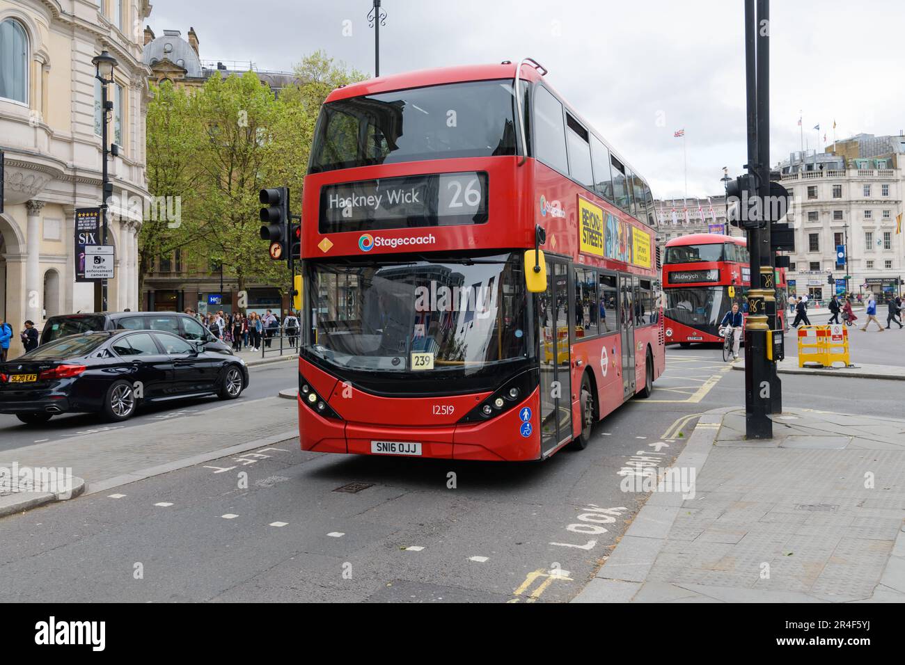 London, UK - May 09, 2023; Red London double decker Stagecoach bus on city center street Stock Photo