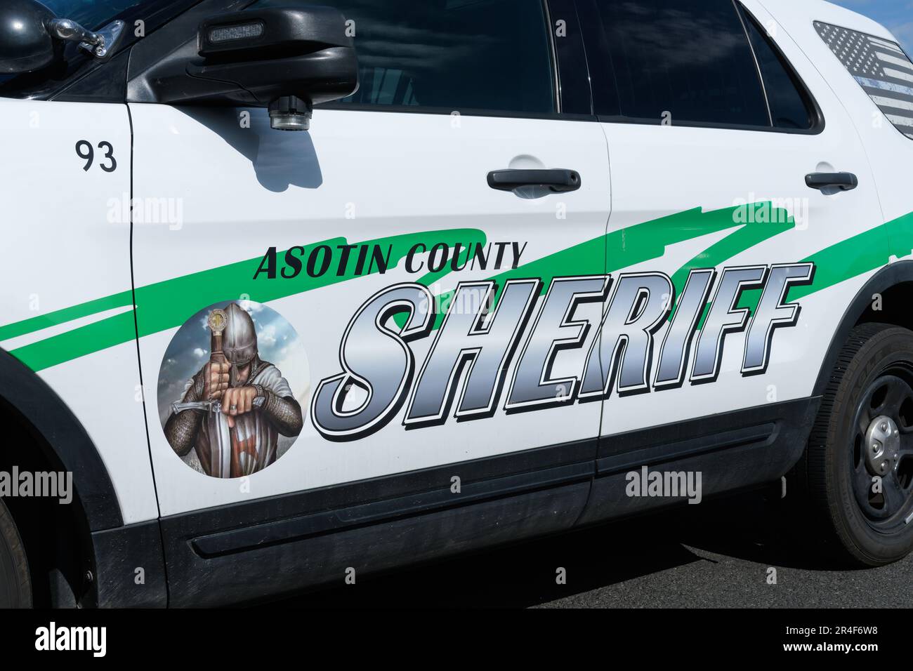 Asotin, WA, USA - May 24, 2023; Asotin County Sheriff name and logo on side of police car Stock Photo