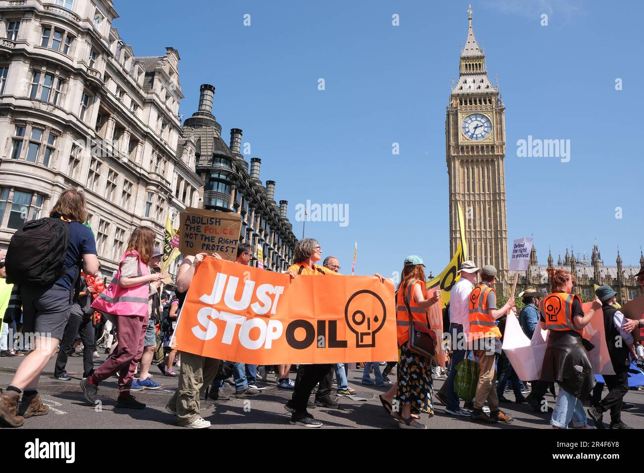 London, UK. 27th May, 2023. Activists from a variety of organisations including Republic, Extinction Rebellion (XR), Just Stop Oil (JSO) and Black Lives Matter (BLM) marched in opposition to the Public Order Bill, recently given royal ascent, and other government legislation which demonstrators say restricts peaceful protest, by criminalising actions such as locking-on and extending stop and seach powers. Credit: Eleventh Hour Photography/Alamy Live News Stock Photo