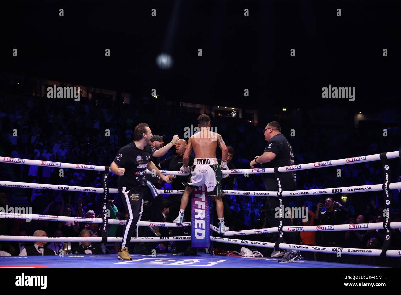 AO Arena, Manchester, UK. 27th May, 2023. WBA Featherweight Championship Boxing; Mauricio Lara versus Leigh Wood; Leigh Wood celebrates at the end of the fight against Mauricio Lara Credit: Action Plus Sports/Alamy Live News Stock Photo