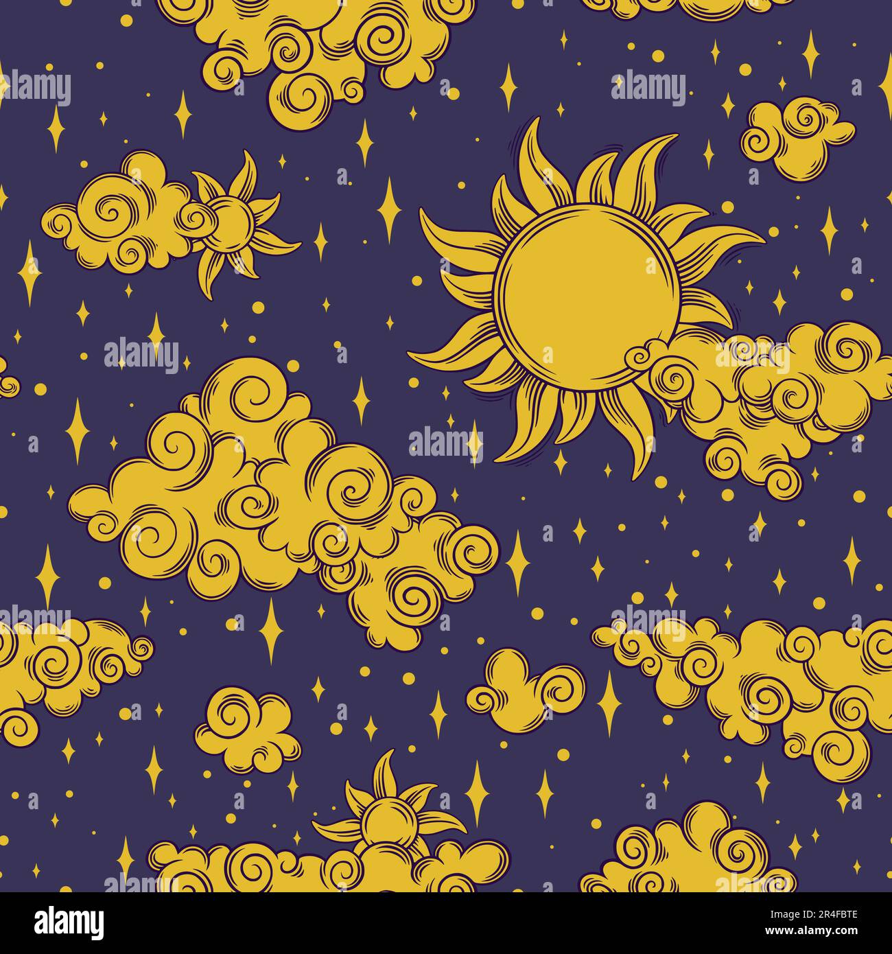 Tarot seamless pattern with sun, clouds and stars. Tarot aesthetic tile with golden cosmic objects. Vector illustration on dark background Stock Vector
