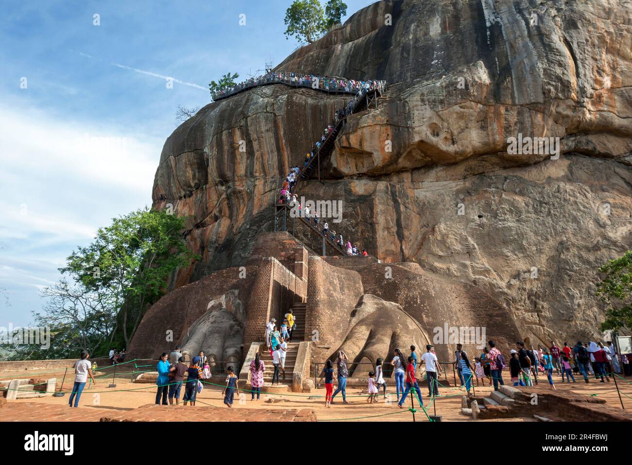 A view from the ancient Lion Platform at Sigiriya Rock Fortress at Sigiriya in central Sri Lanka looking towards the rocks summit. Stock Photo