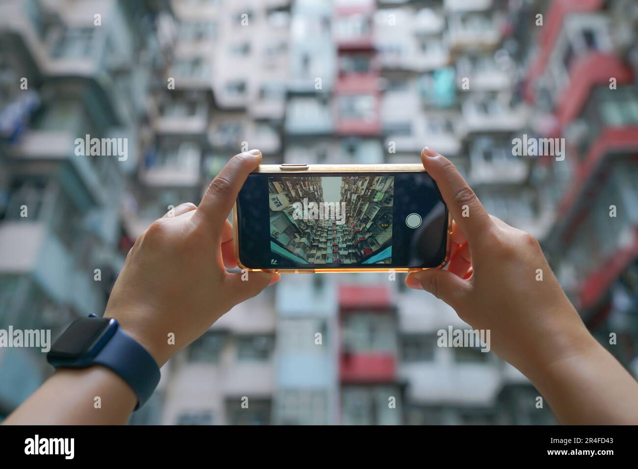 Take Photo with Yick Fat Building, Quarry Bay, Hong Kong. Residential area in old apartment Stock Photo