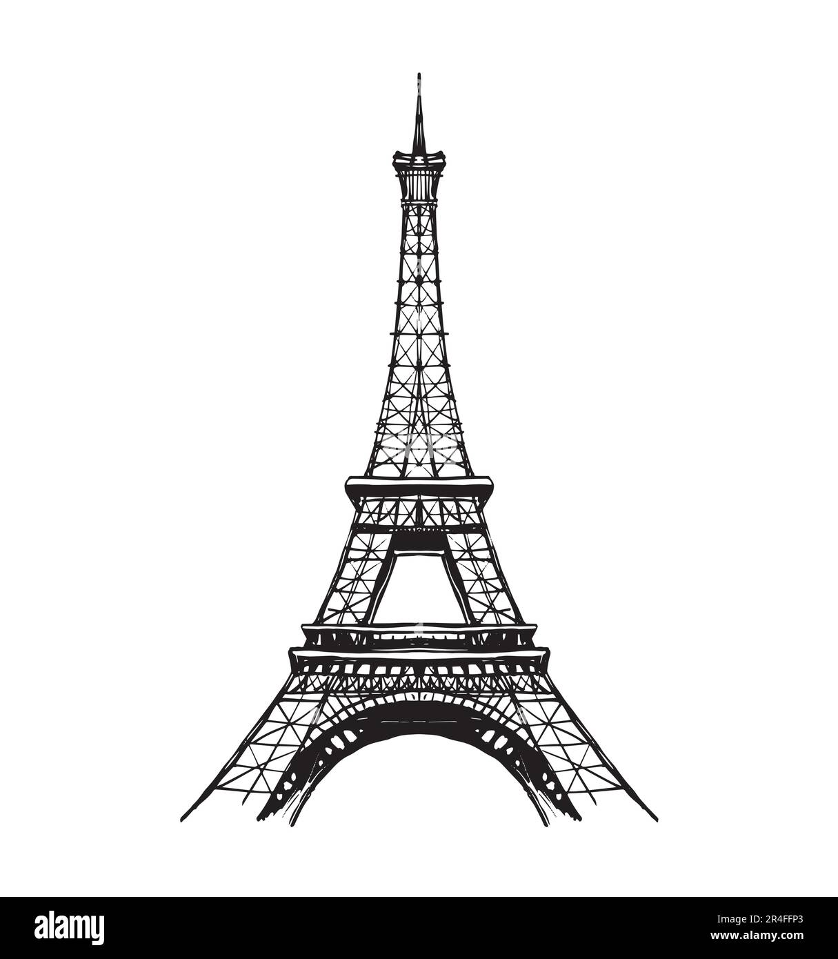 Eiffel tower in France straight view, doodle line sketch, vintage card, symbol of France sticker. Modern engraving on a white background Stock Vector