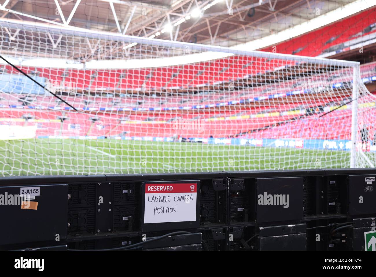 London, UK. 27th May, 2023. A sticker reserving a position for a Ladbible  camera at the EFL Championship Play-Off Final Coventry City v Luton Town  match at Wembley Stadium, London, UK on