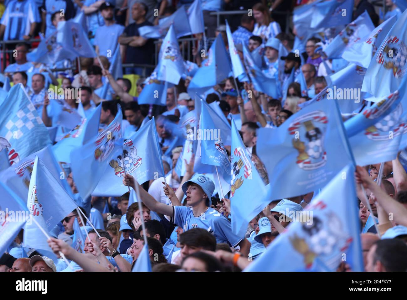 London, UK. 27th May, 2023. Coventry fans with flags at the EFL ...