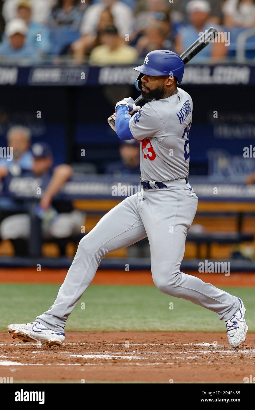 St. Petersburg, FL USA; Los Angeles Dodgers right fielder Jason Heyward  (23) hits a ball to the infield during an MLB game against the Tampa Bay  Rays Stock Photo - Alamy