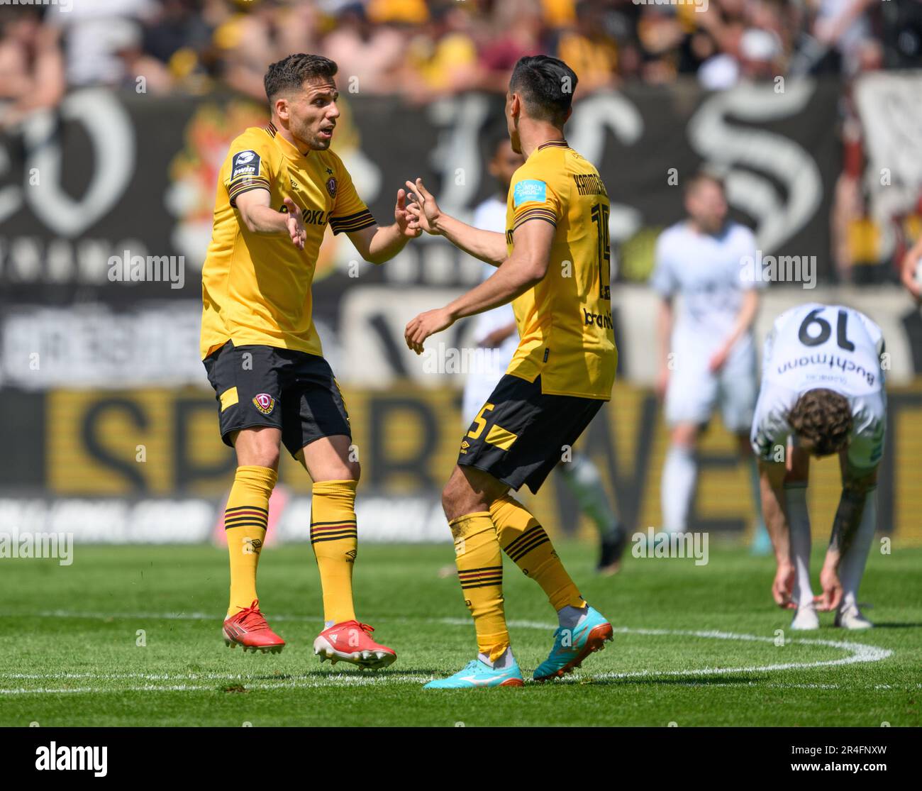 Dresden, Germany. 15th Nov, 2020. Football: 3rd division, SG Dynamo Dresden  - TSV 1860 Munich, 10th matchday, at the Rudolf-Harbig-Stadium Dynamos  Yannick Stark (3rd from left) cheers after his goal for 1:1