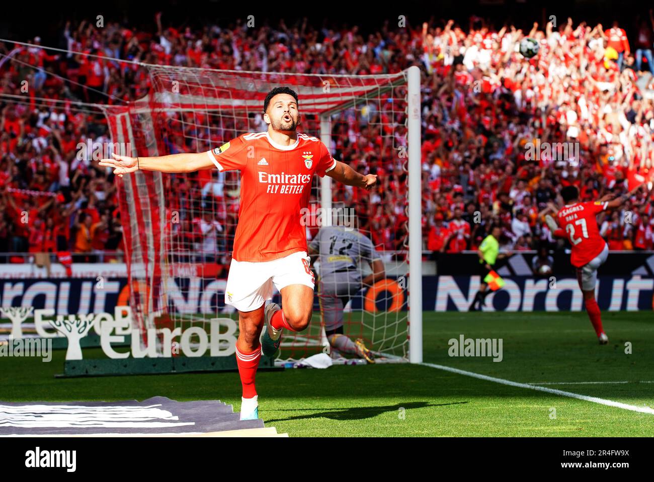Lisbon, Portugal. 27th May, 2023. Goncalo Ramos of Benfica celebrates scoring a goal during the Portuguese League football match between SL Benfica and Santa Clara in Lisbon, Portugal, May 27, 2023. Credit: Pedro Fiuza/Xinhua/Alamy Live News Stock Photo