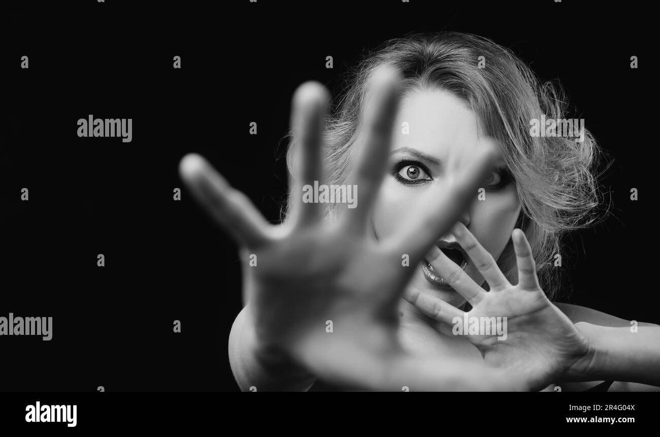 Stop hand. Emotional angry woman, upset girl. Screaming, hate, rage ...