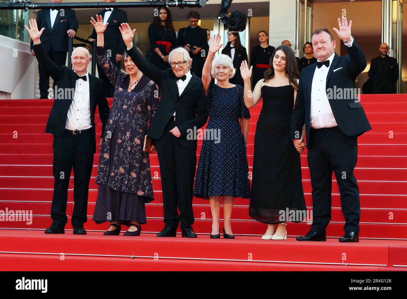Cannes, France. 28th May, 2023. Cannes, France 26. May 2023; Paul Laverty, Rebecca O'Brien, Director Ken Loach, Lesley Ashton, Ebla Mari and Dave Turner attends the 'The Old Oak' red carpet during the 76th annual Cannes film festival at Palais des Festivals on May 26, 2023 in Cannes, France., picture and copyright Thierry CARPICO/ATP images (CARPICO Thierry/ATP/SPP) Credit: SPP Sport Press Photo. /Alamy Live News Stock Photo
