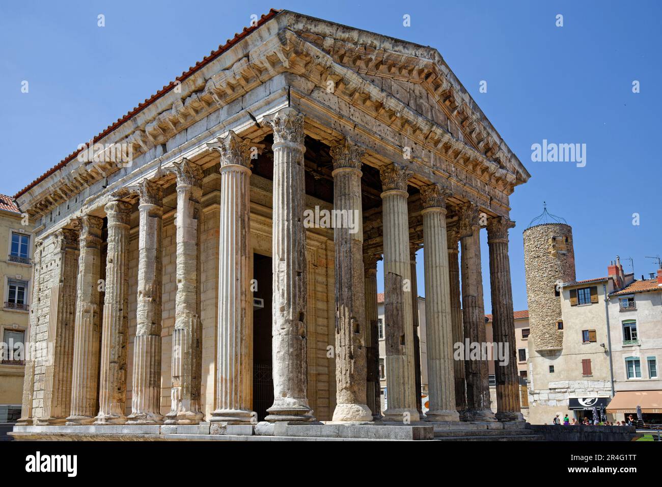 VIENNE, FRANCE, May 26, 2023 : The Temple of Augustus and Livia is a Roman peripteral hexastyle Corinthian temple built at the beginning of the 1st ce Stock Photo