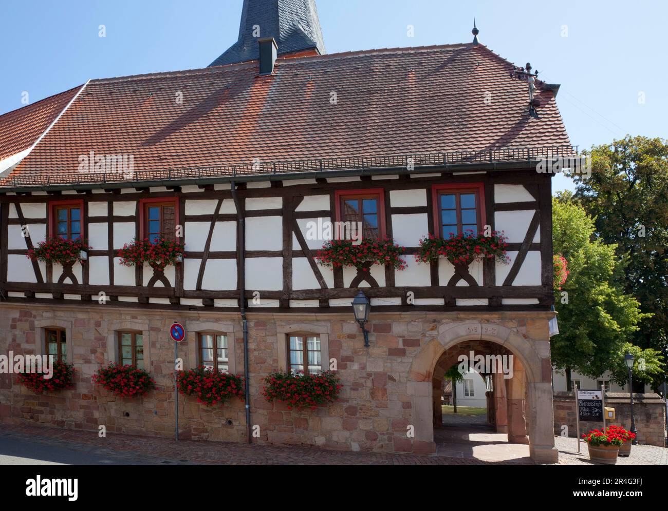 Town hall with historic half-timbering and round arches, Heuchelheim, Southern Palatinate, Palatinate, Rhineland-Palatinate, Germany Stock Photo