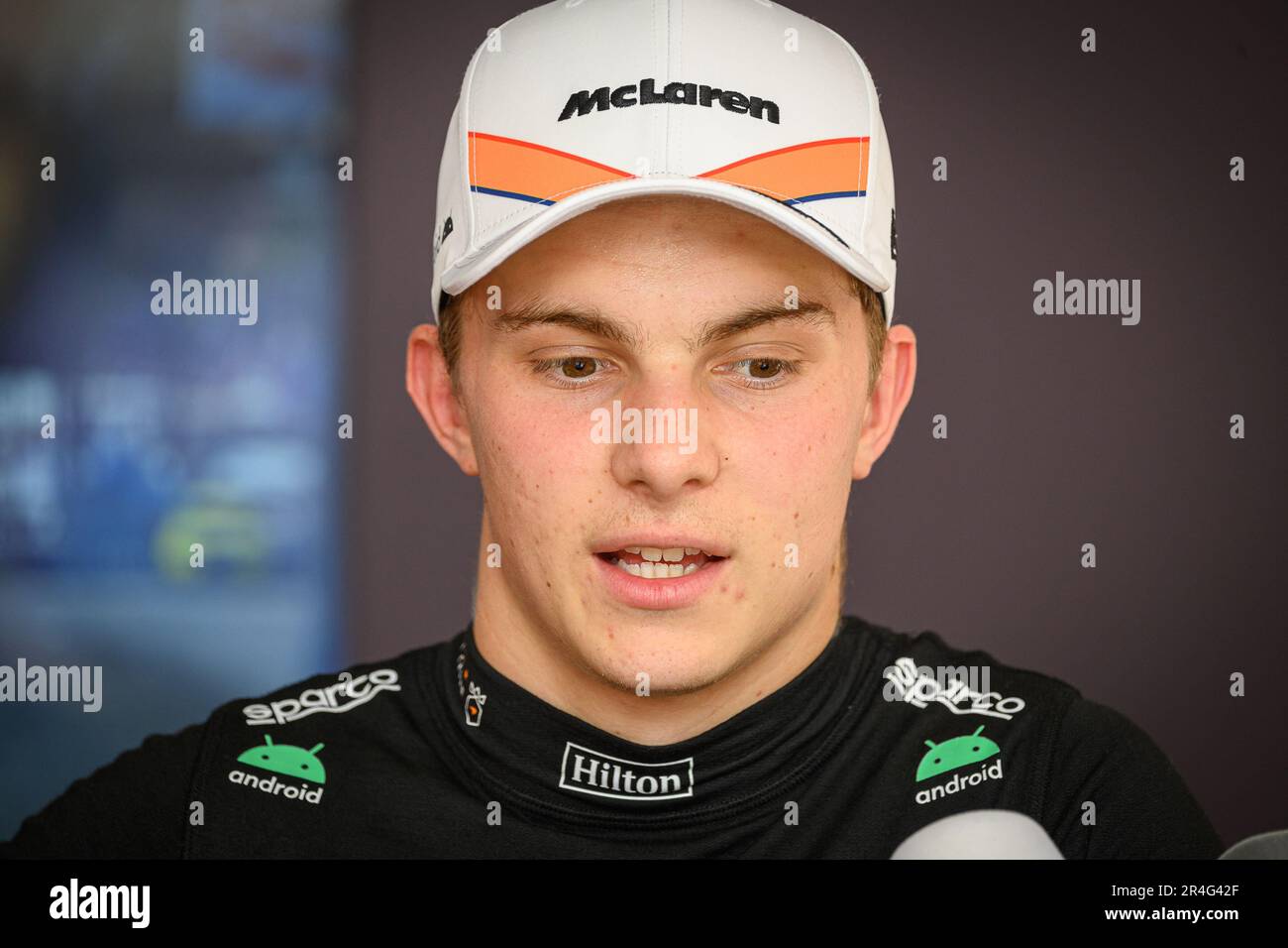 McLaren F1 Team’s Australian driver Oscar Piastri talks to the media ...