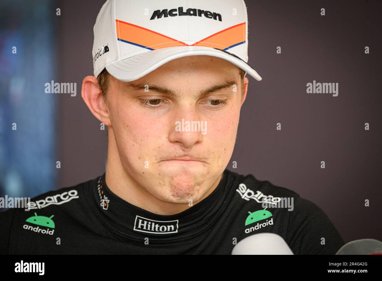 McLaren F1 Team’s Australian driver Oscar Piastri talks to the media ...