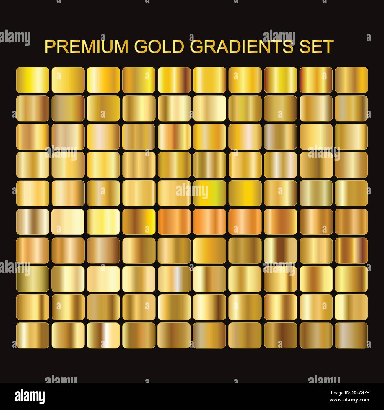 Premium Gold Gradients Set, 100 Gold Gradient Swatches Vector Pack. Stock Vector