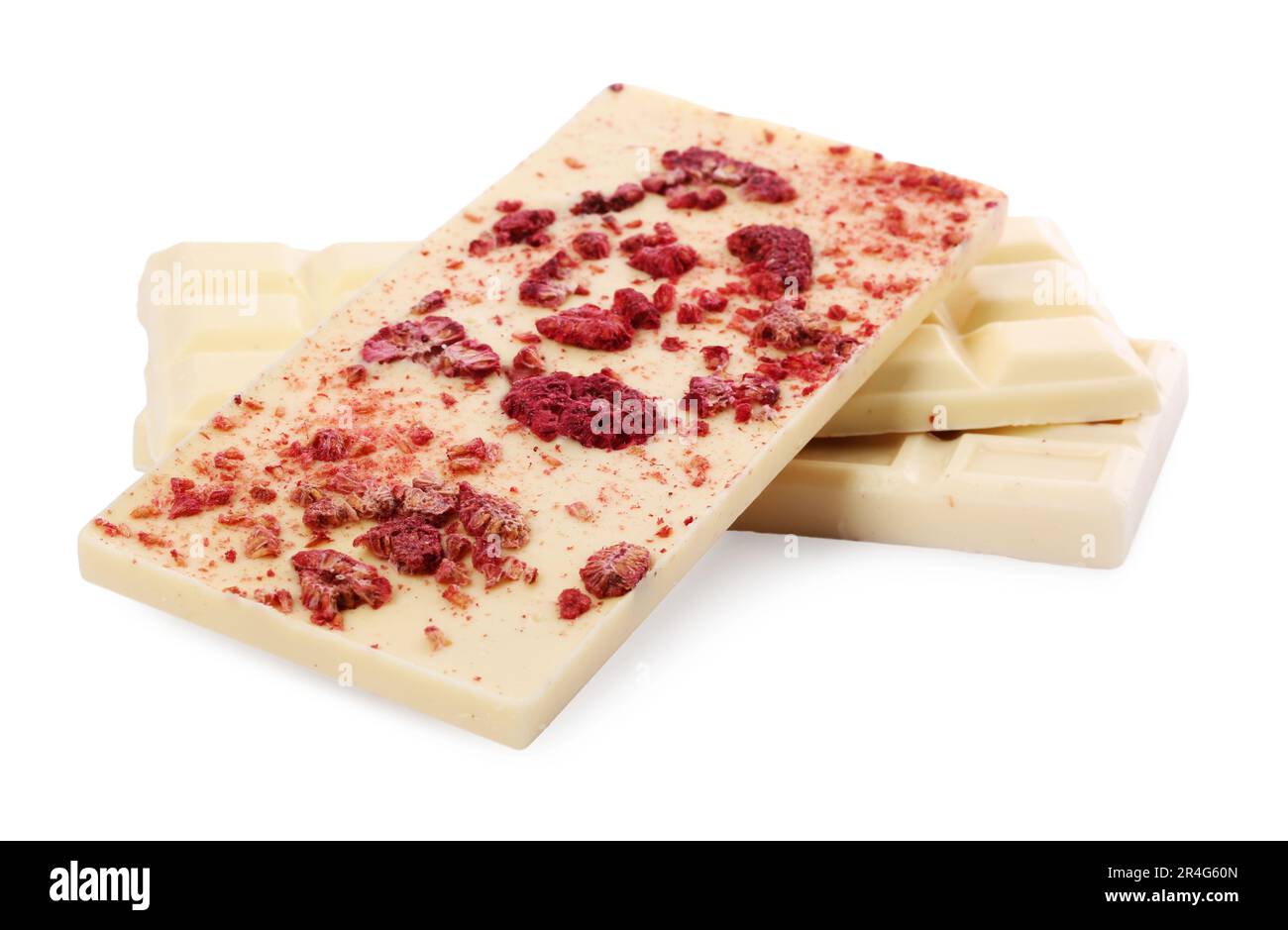 Chocolate bars with freeze dried raspberries on white background Stock ...