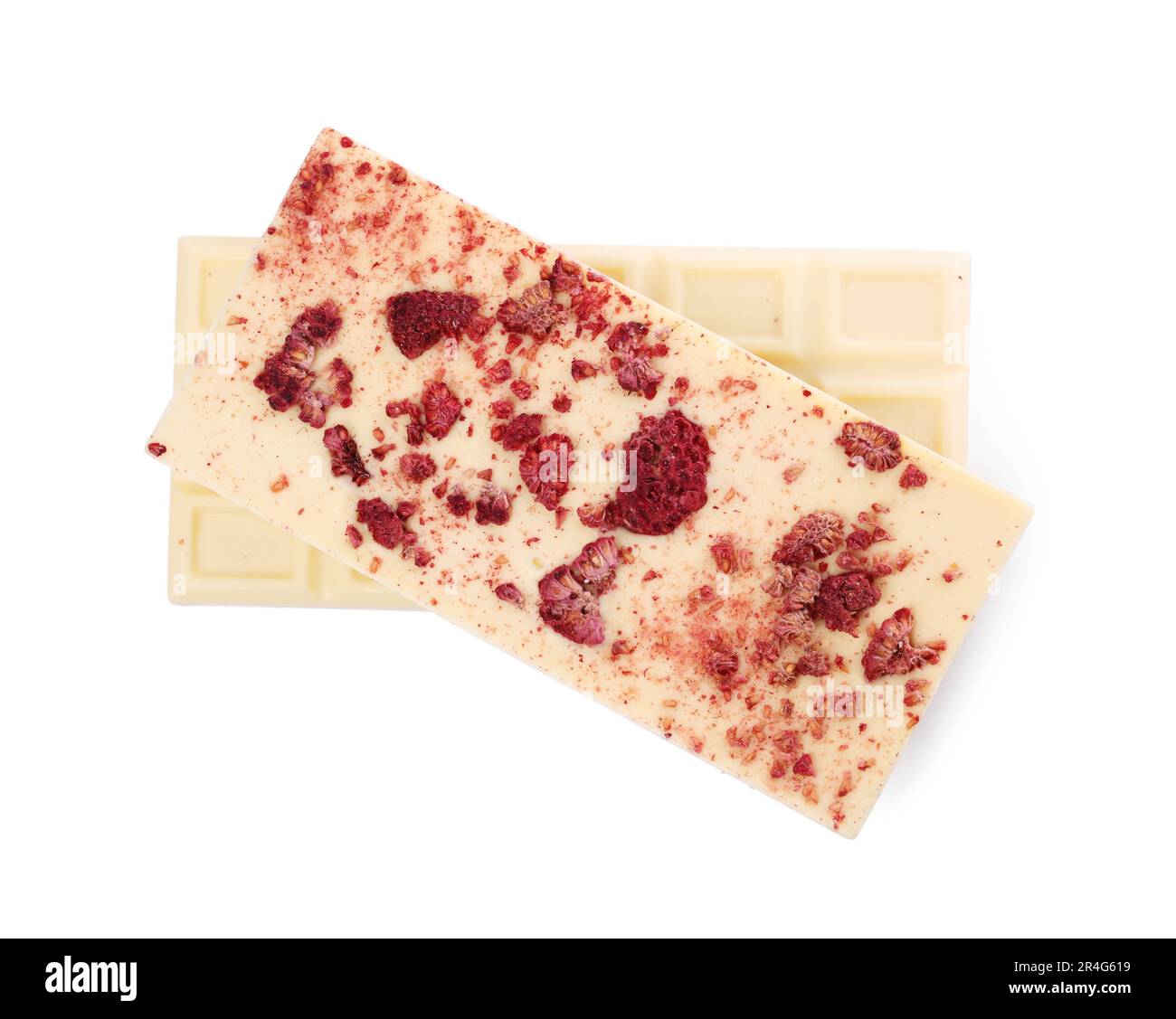 Chocolate bars with freeze dried raspberries on white background, top ...