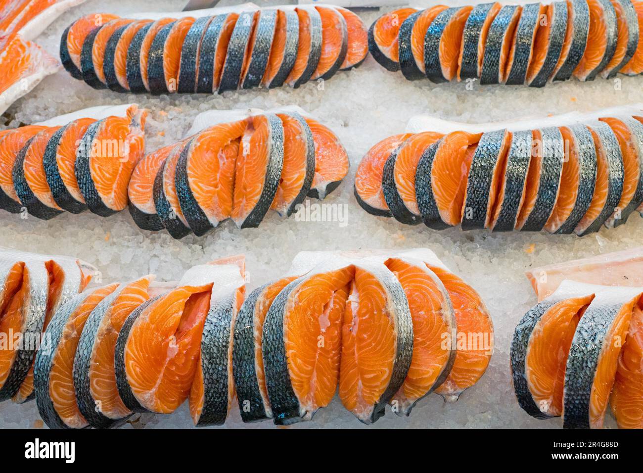 Fresh salmon fillet is sold at the fish market Stock Photo - Alamy