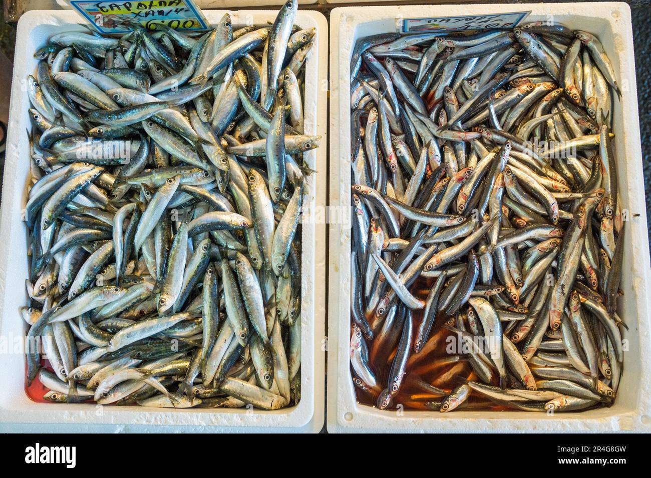 Small fish are sold at a market Stock Photo