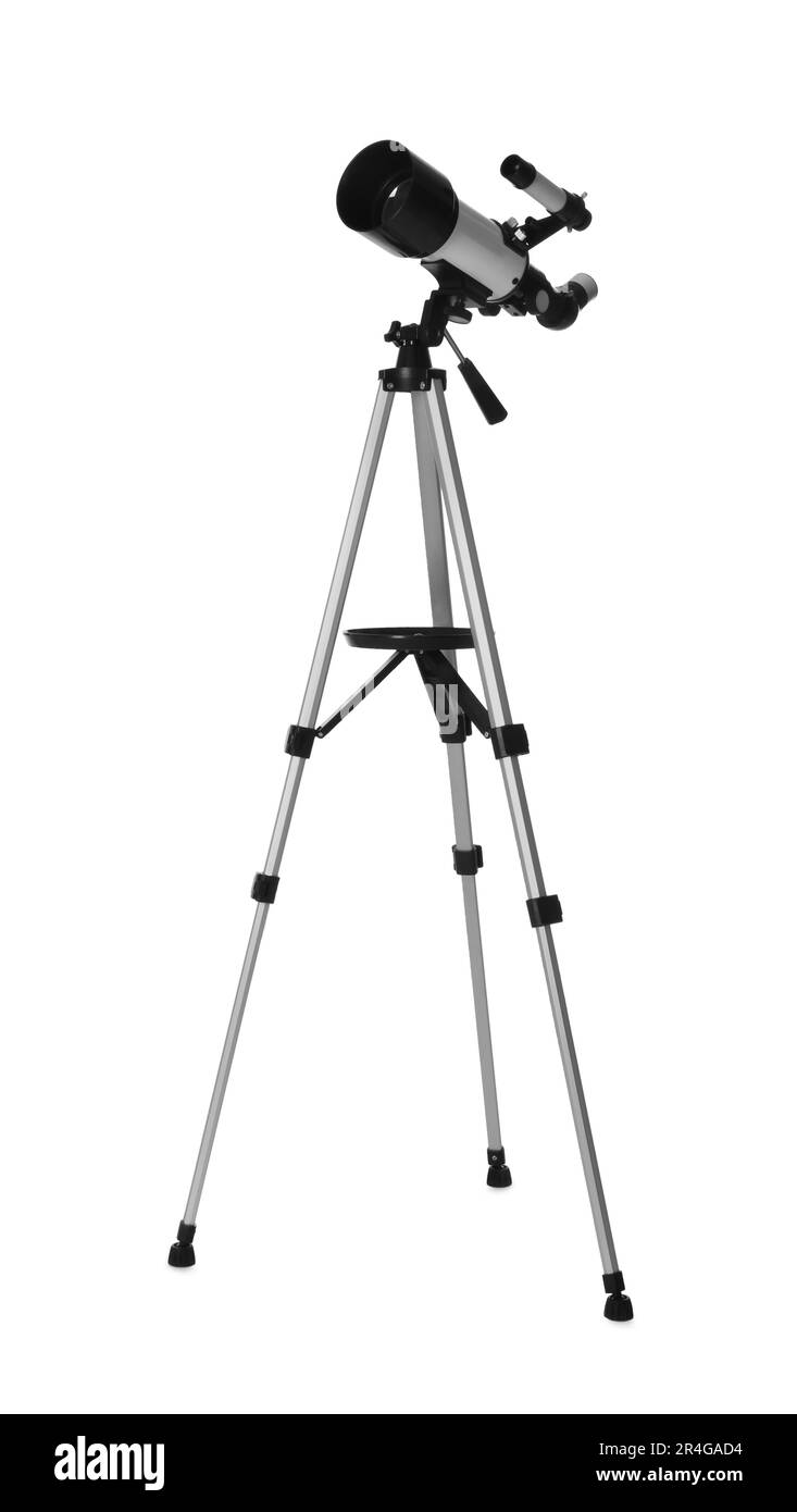 Tripod with modern telescope isolated on white Stock Photo