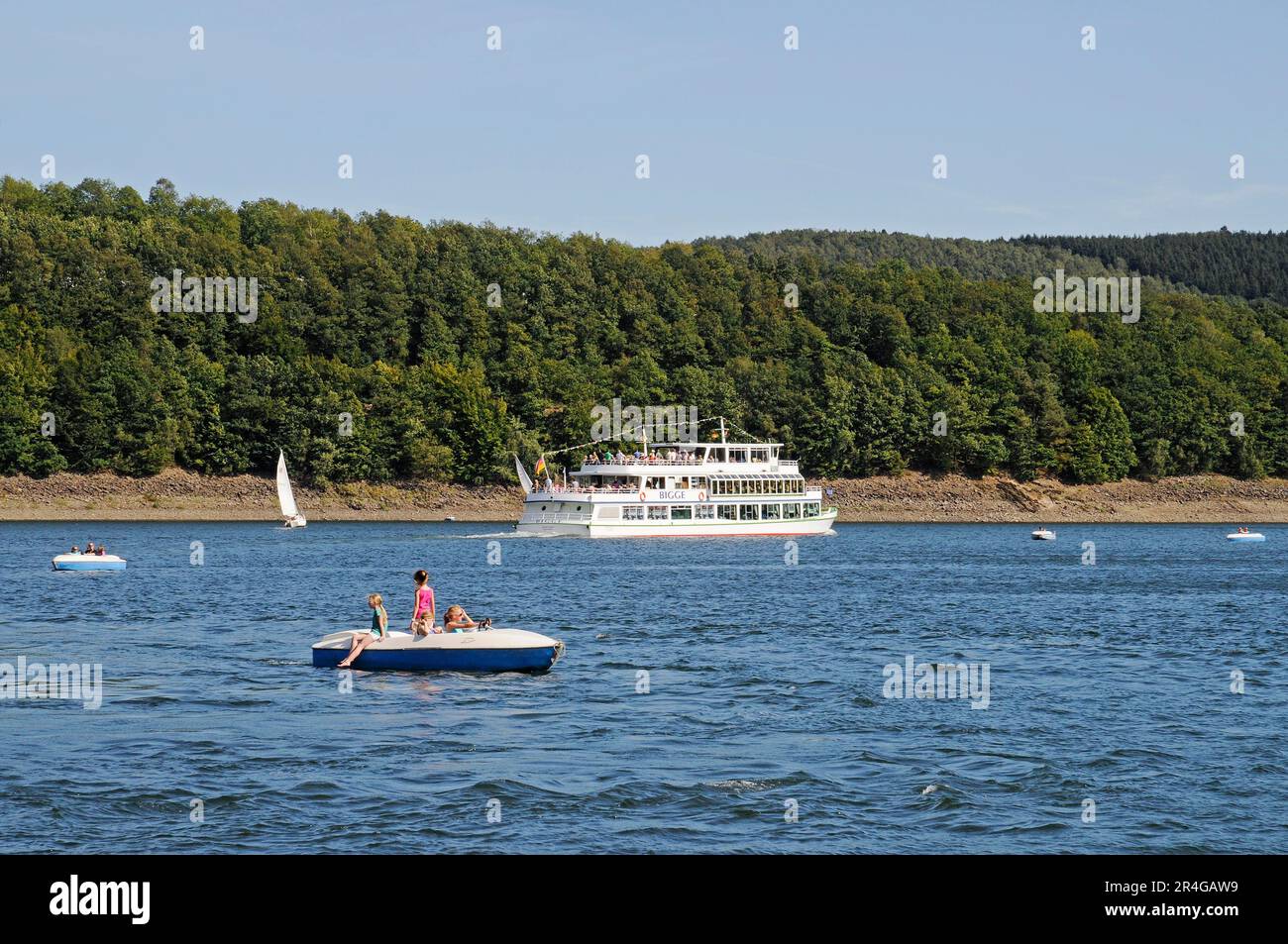 Excursion boat, lake, passenger ship, Sondern, Biggetalsperre, Olpe, Ebbegebirge nature Park, Sauerland, North Rhine-Westphalia, Germany Stock Photo