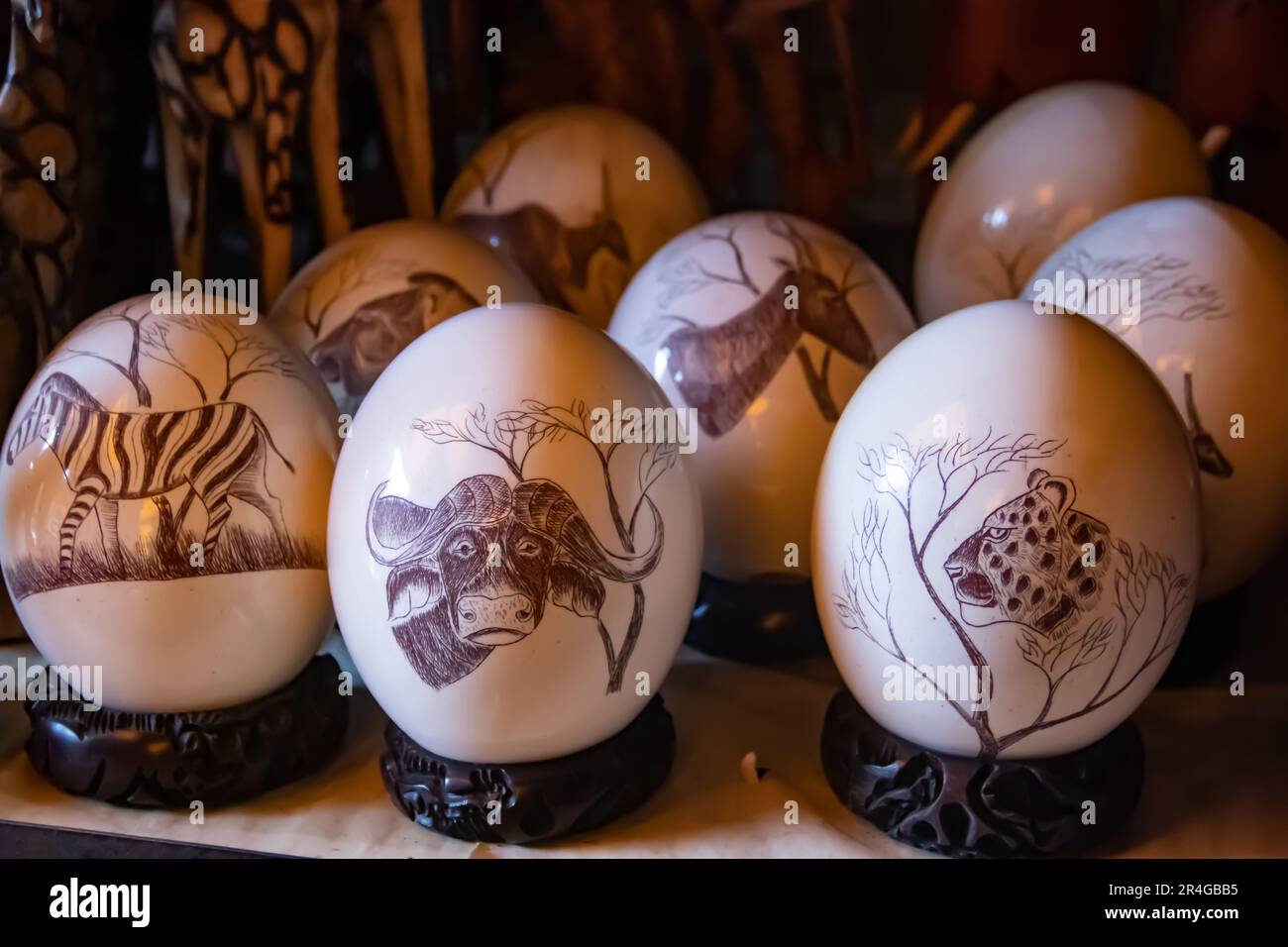 Ostridge's eggs with artistic decorative drawing of African motives exposed in local open market