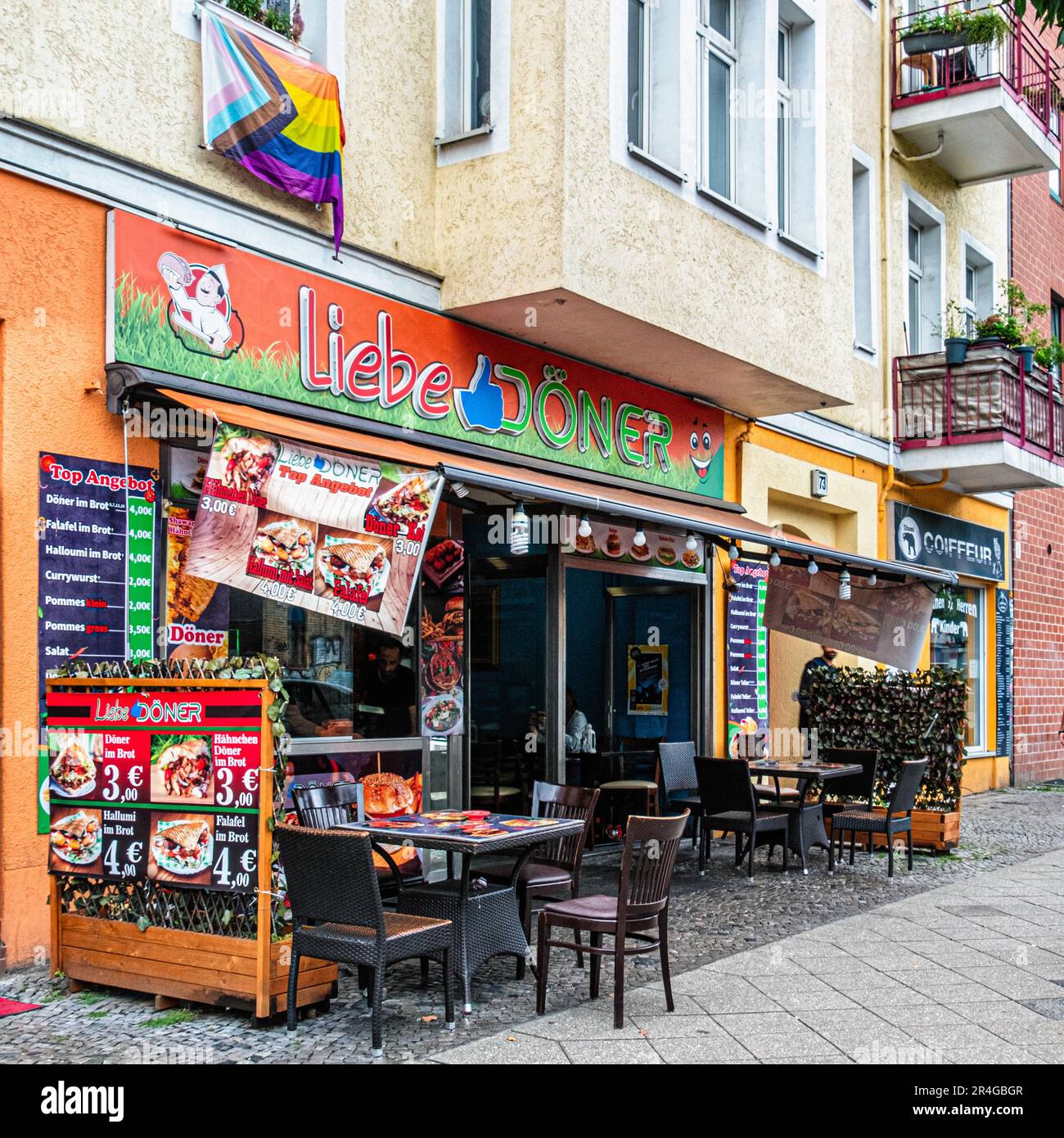 Liebe Döner, Kebab and takeawy food shop, Hermannstrasse, Neukölln, Berlin, Germany Stock Photo