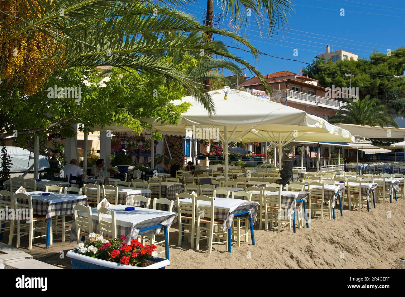 Street cafe in Neos Marmaras, Sithonia, Halkidiki, Chalkidiki, Greece Stock Photo