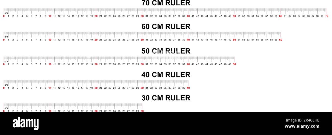 Vector ruler scale with numbers set. Horizontal measuring chart with 70, 60, 50, 40, 30 centimeters markup. Practical and print-ready. Stock Vector