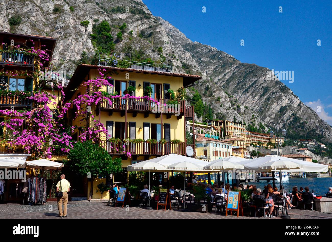Lakeside promenade, sidewalk cafes, Limone sul Garda, Lake Garda ...