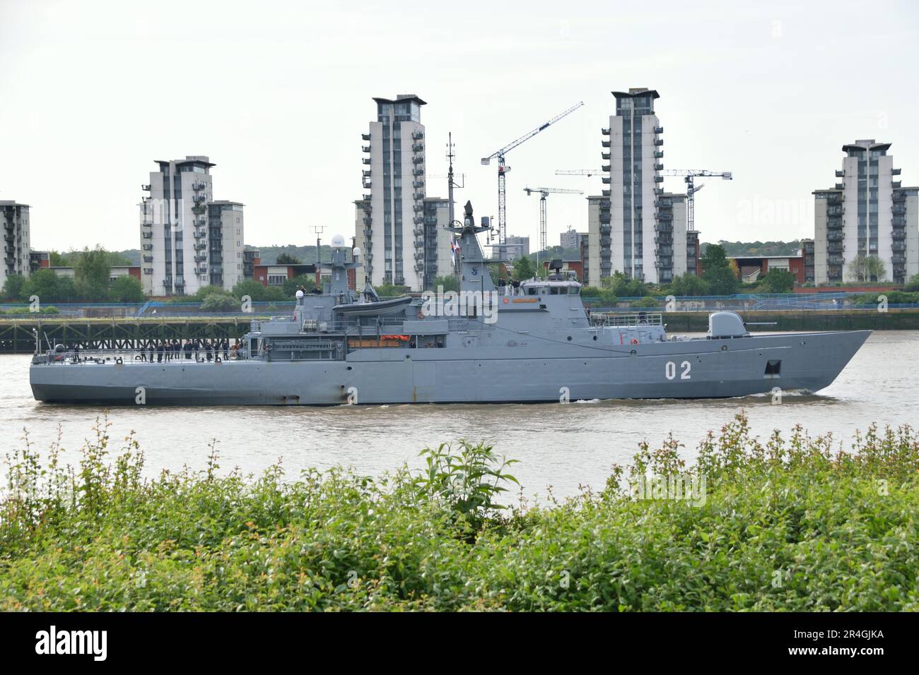 Finnish Navy coastal minelayer Hämeenmaa heading up the River Thames on a visit to London Stock Photo