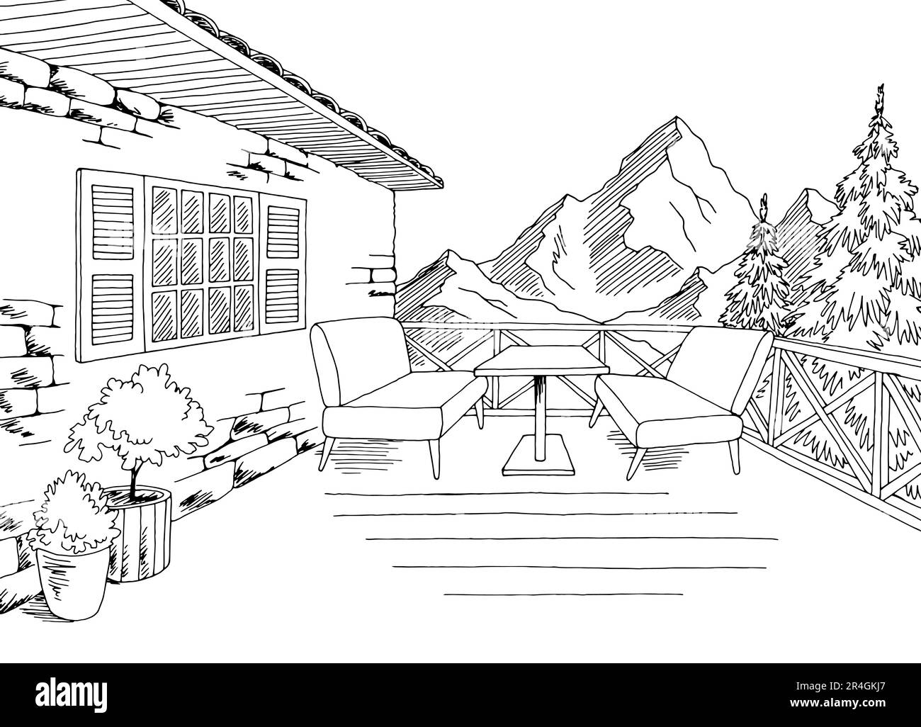Cafe Balcony In The Mountains Graphic Black White Sketch Illustration cafe-balcony-in-the-mountains-graphic-black-white-sketch-illustration