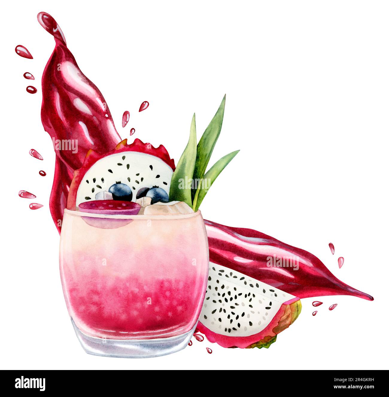 Pink dragon fruit cocktail lemonade with pitaya slices juice watercolor illustration. Summer exotic drink with splashes Stock Photo