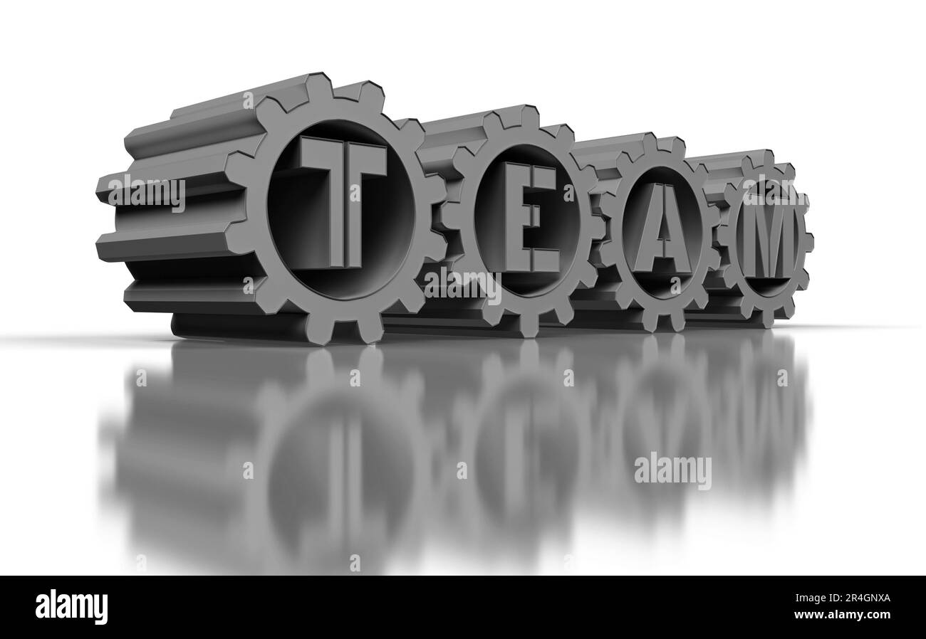 big silver gears with team text, 3d render Stock Photo