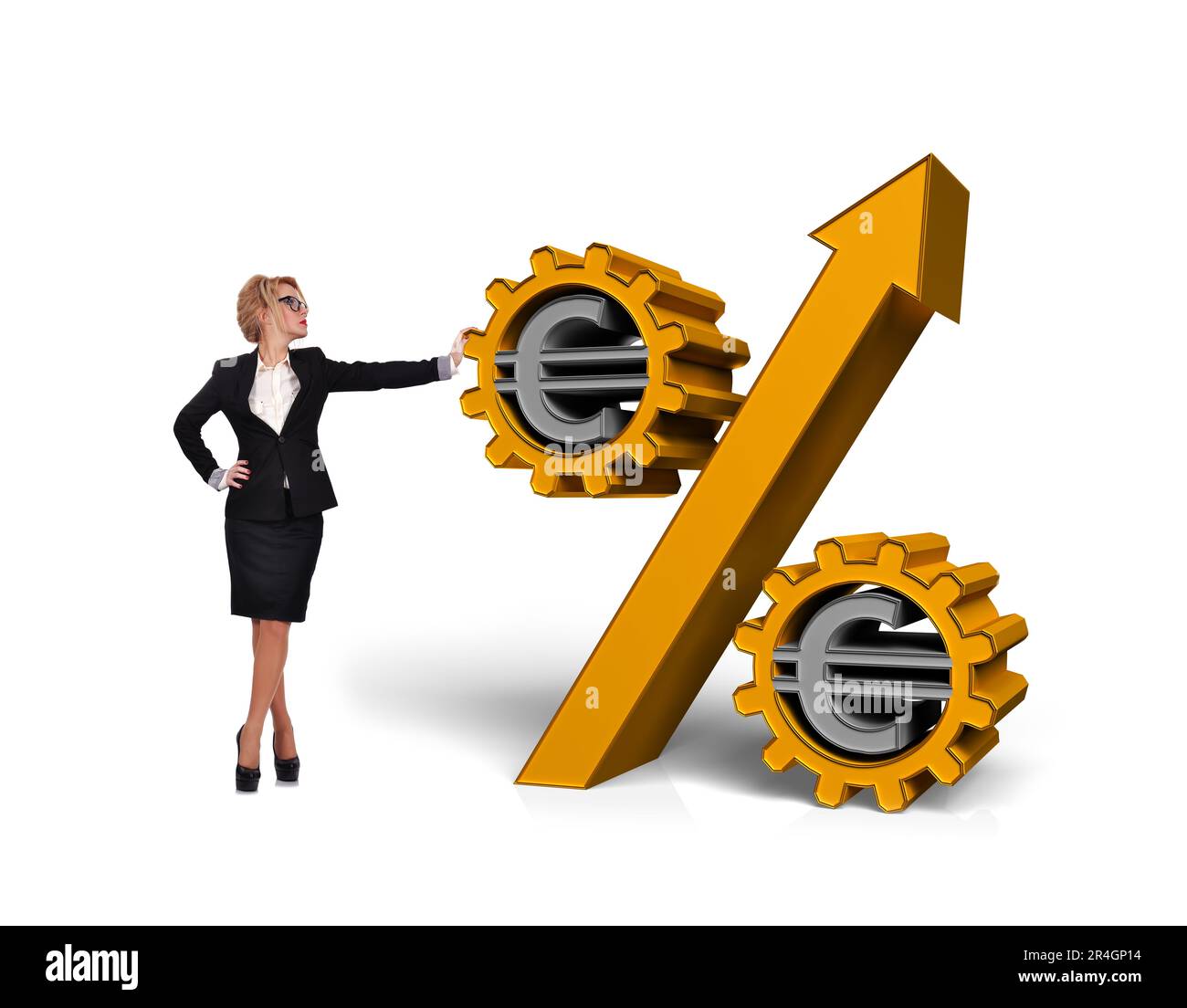 businesswoman pushing percent and gears with euro symbol Stock Photo