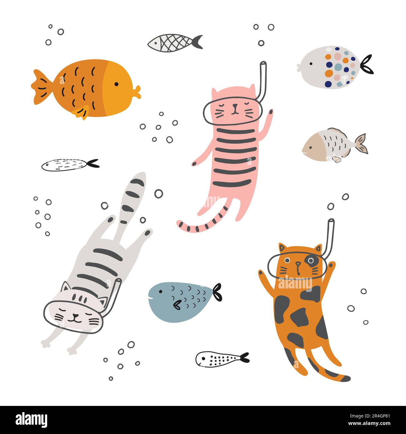 Funny cats in masks and fish under water. Vector illustration Stock ...