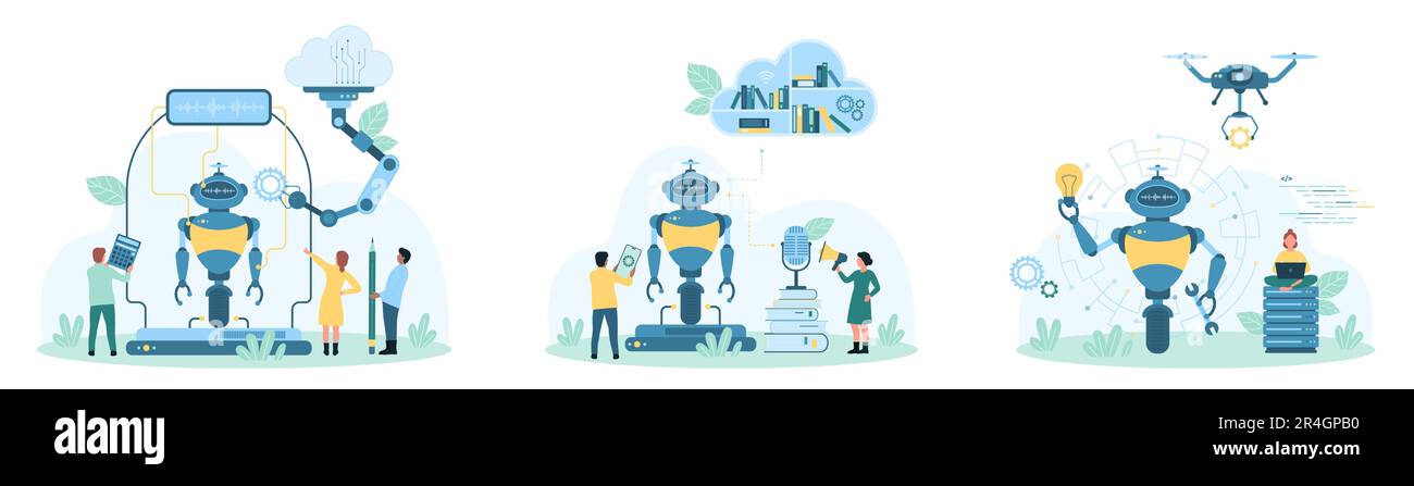 AI and algorithms, machine learning technology set vector illustration. Cartoon tiny people and supervised robotic arm create android robot, futuristic automation education process of digital brain Stock Vector