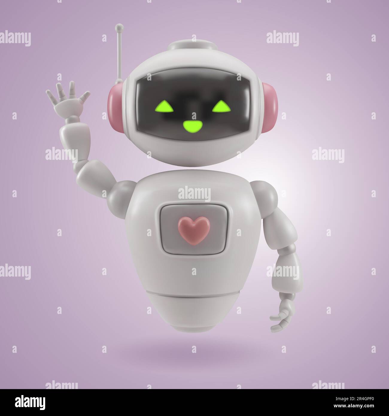 3D vector chat bot. Cute robot with a heart on his chest waving his hand. The symbol is artificial intelligence, digital brain, neural networks, robot Stock Vector