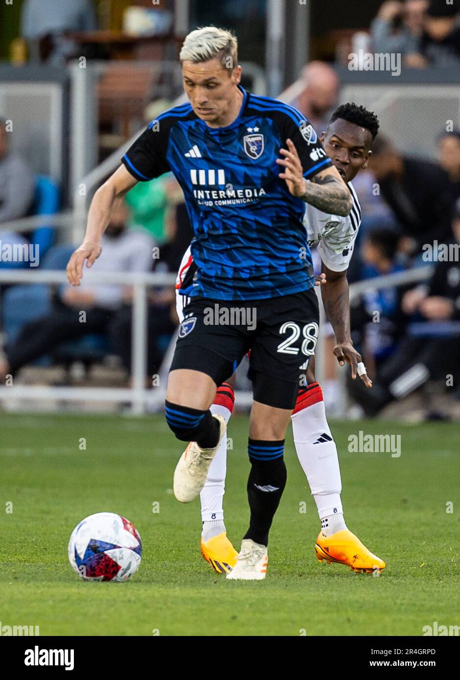 May 27 2023 San Jose, CA USA San Jose forward Benji KikanoviÄ‡ (28)controls the ball up field during the MLS game between F.C. Dallas and the San Jose Earthquakes. The game ends in a tie 1-1 at PayPal Park San Jose Calif. Thurman James/CSM Stock Photo