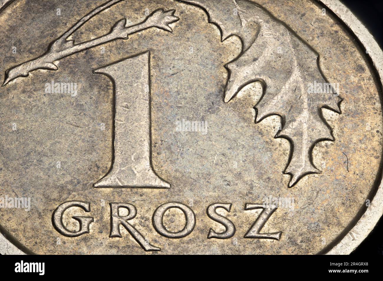 The smallest denomination of a coin from Poland worth 1 grosz, i.e. one hundredth of the Polish zloty PLN, shown close-up in high resolution Stock Photo