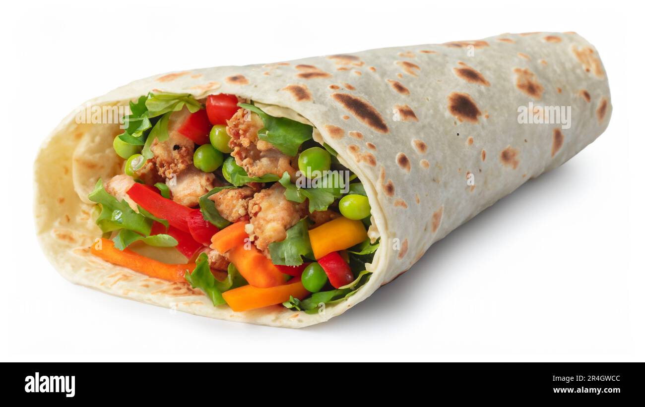 Tortilla wrap with fried chicken meat and vegetables isolated on white background Stock Photo